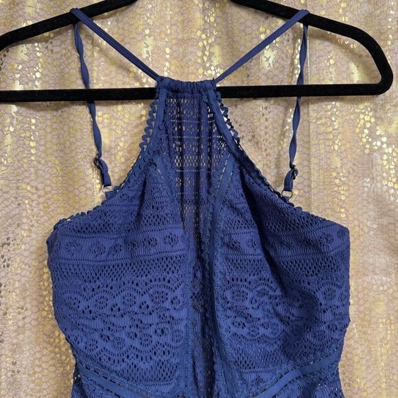 Becca Navy Blue Prairie Rose One Piece Crochet Halter Neck Swimsuit XL - Picture 3 of 7